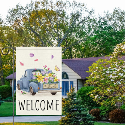 Welcome Spring Garden Flag 12x18 Double Sided Vertical Burlap Retro Truck Floral for Outdoor Decoration