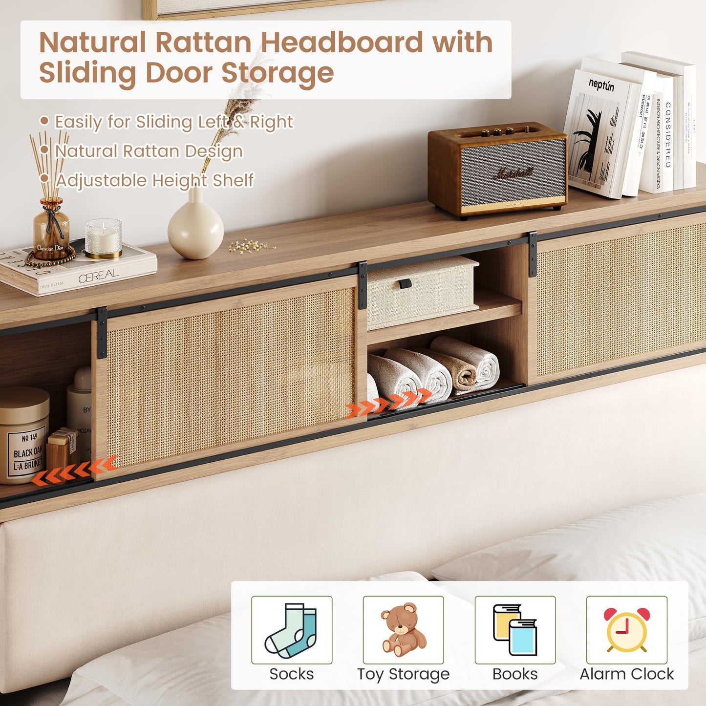 GarveeHome Full Size Solid Wood Bed Frame with Storage Shelves, Rattan Upholstered Bookcase Headboard with Sliding Doors & Adjustable Shelf, No Bos Spring Needed, Natural Solid Wood