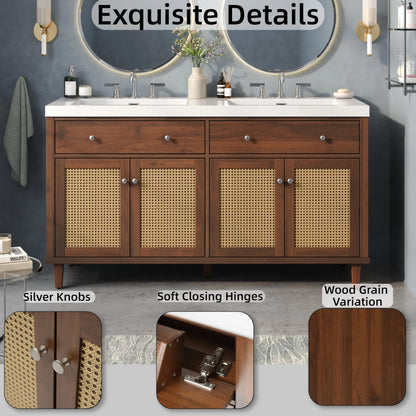 Merax 60 Inch Bathroom Vanity with Double Sink (SMC Sink), Large Storage Space with 2 Tip-Out Trays/Flip-Out Drawers and 4 Soft Closing Doors, Solid Wood Legs and Silver Metal Knobs, Brown