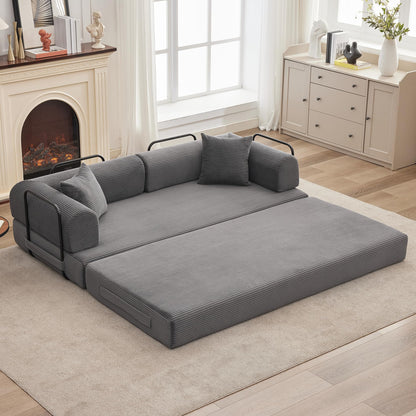 4 in 1 Convertible Sleeper Sofa Bed, 78.7" Boneless Corduroy Floor Couch with Pillows, Folding Futon Loveseat, Deep Seat Pull Out Sofa for Living Room, Apartment, Bedroom, No Assembly Required, Gray
