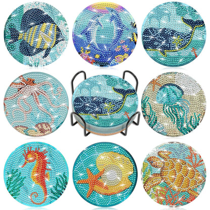 Billbotk 8 Pieces Diamond Painting Coasters Kit with Holder, Diamond Art Coasters, DIY Diamond Art Crafts Projects, Diamond Dot Kits for Adults and Beginners(Ocean Style)
