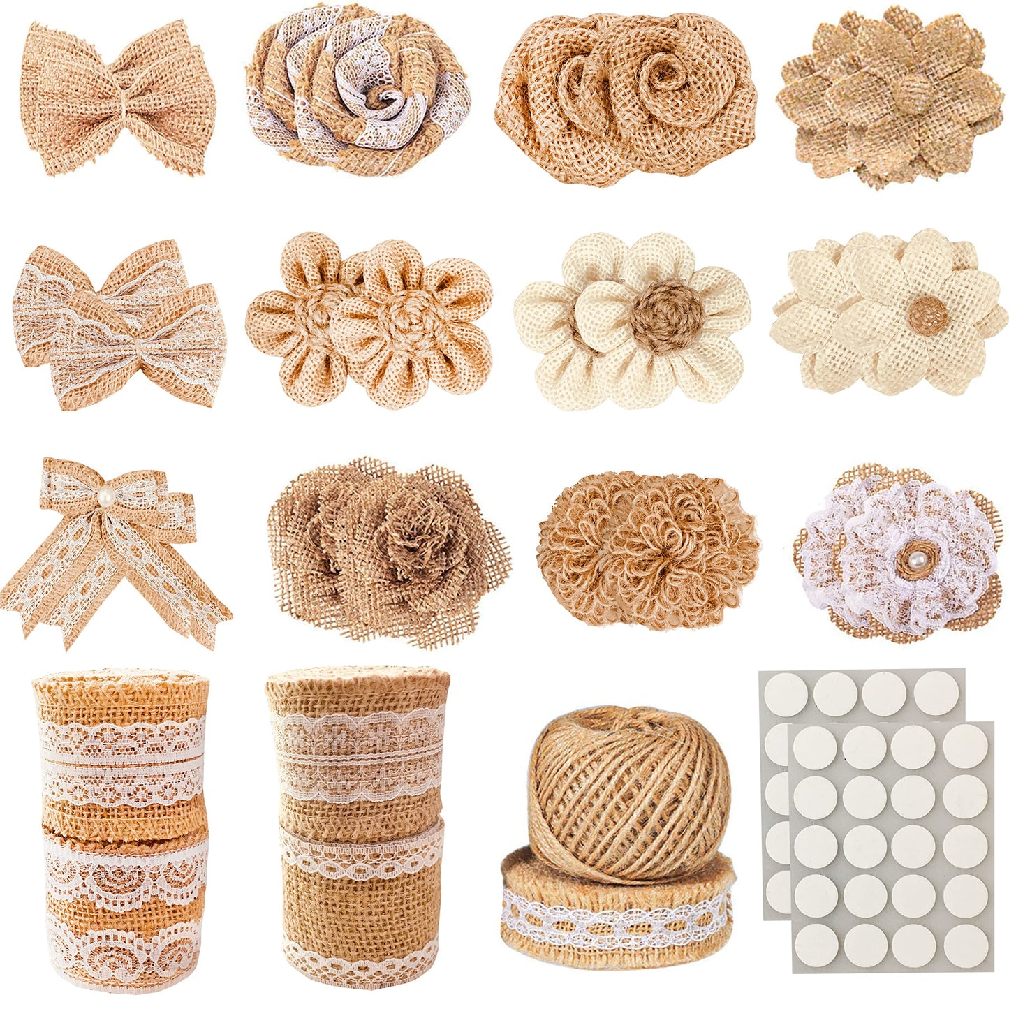 OZXCHIXU 30PCS Burlap Flowers Set Including 24 Handmade Burlap Flowers and Bowknots,5 Lace Burlap Ribbon Rolls, 1 Twine Ribbon and Glue Pointsfor Wedding Party Decoration Home Embellishment DIY Crafts