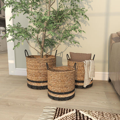 Deco 79 Seagrass Handmade Decorative and Functional Storage Basket Two-Toned Brown Basket Organizer with Handles, Set of 3 Basket for Storage 18", 17", 14"H, Black
