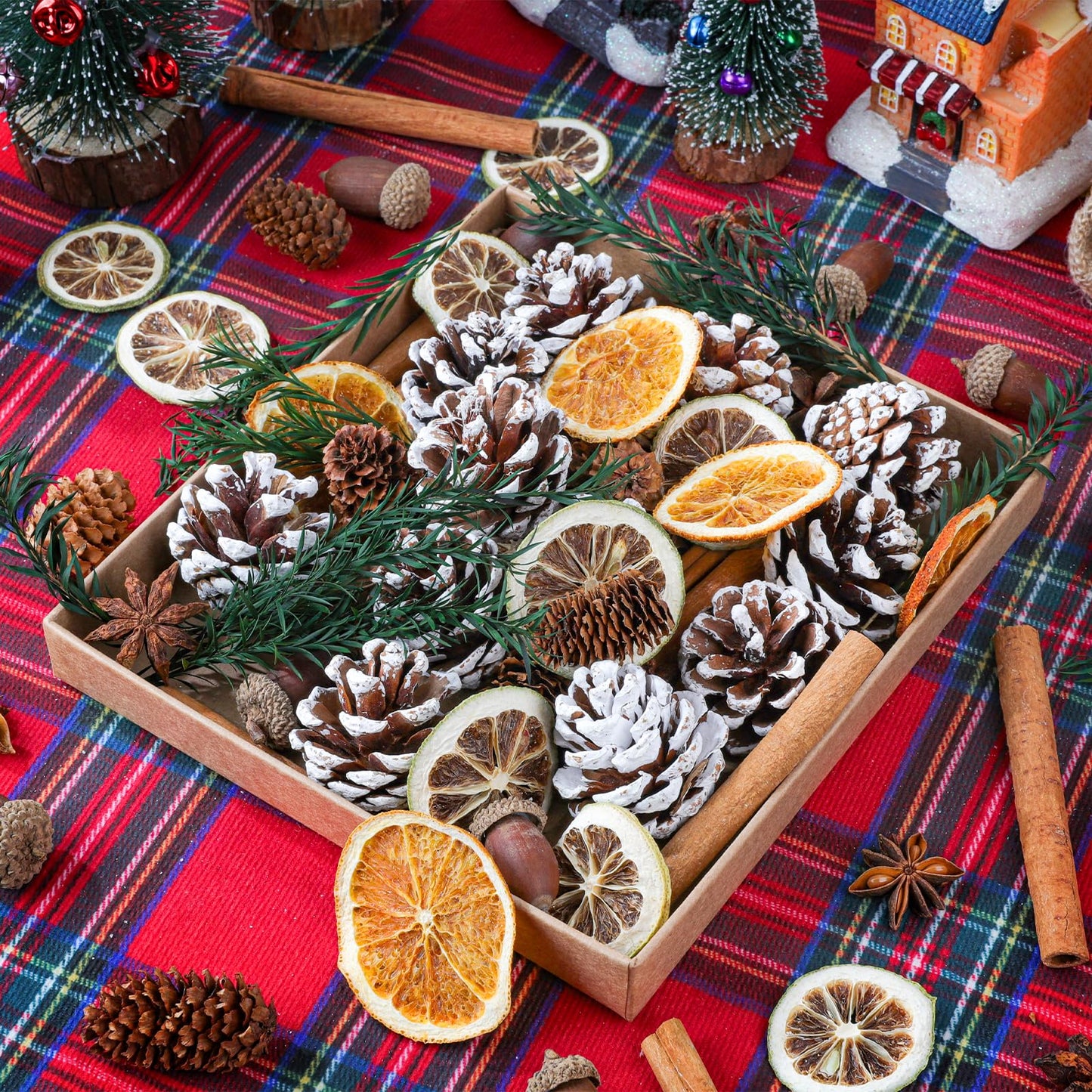 Wlicon Christmas Potpourri Bowl Filler, Natural Pinecone, Cinnamon Sticks, Dried Orange Slices, Star Anise, Acorns for Crafts for Christmas Wreath Vase Filler Christmas DIY Crafts Party Decor