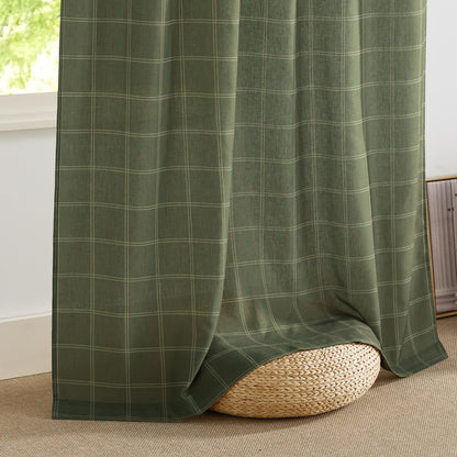 NICETOWN Linen Plaid Curtains Gingham Window Panels Moss Green Check Tartan Light Filtering Curtains for Living Room Bedroom, Rod Pocket Back Tab, 2 Panels, 52 inch Wide x 84 inch Long