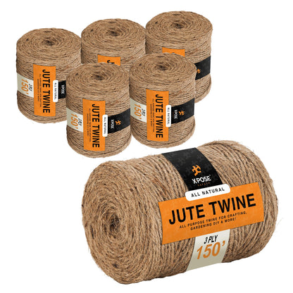 Jute Twine - 3 Ply Brown Roll 150 Feet Natural Jute String for Crafts, Packaging, Wrapping, Decorative Rope Cord for Hanging Ornaments (6 Packs)