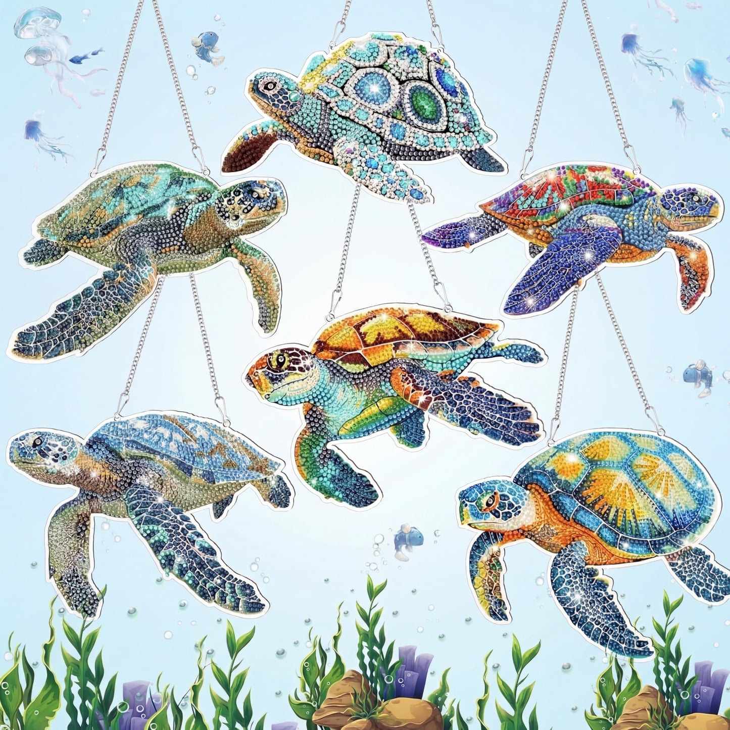 Xuhal 6 Pcs Sea Turtle Special Shape Diamond Art Kits for Adults 5D Diamond Painting Kits for Beginner DIY Hanging Pendant Ornament Crystal Paint Arts and Crafts Set for Home Wall Decor