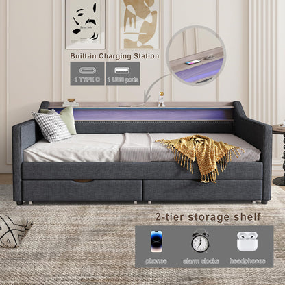 Ball & Cast Twin Size Daybed with Storage,Linen Upholstered Day Bed with 2 Drawers, Daybed Frame with USB Port and Smart LED Light,Wood Slat Support,No Box Spring Needed,Dark Grey