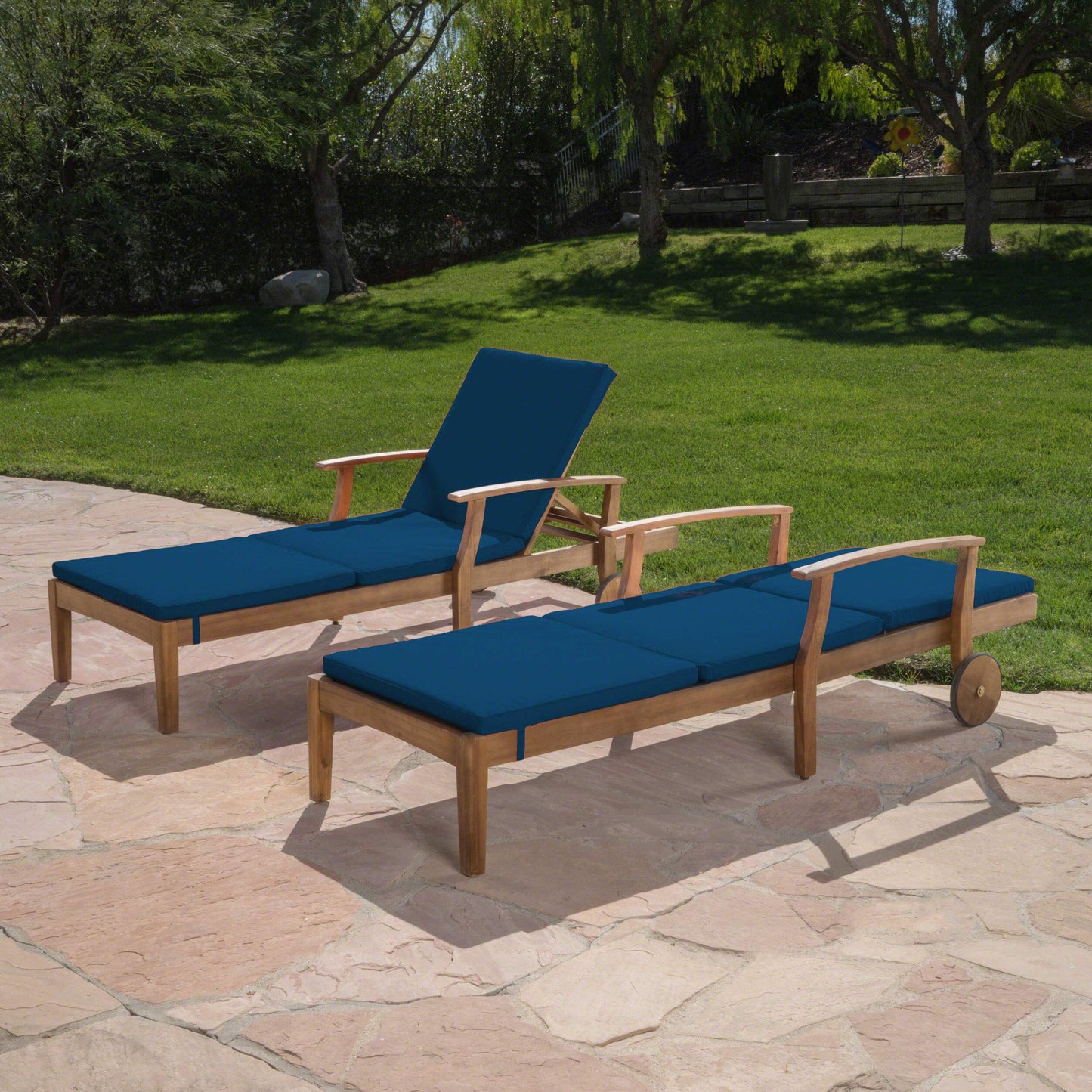 Great Deal Furniture Daisy Outdoor Teak Finish Chaise Lounge with Blue Water Resistant Cushion (Set of 2)