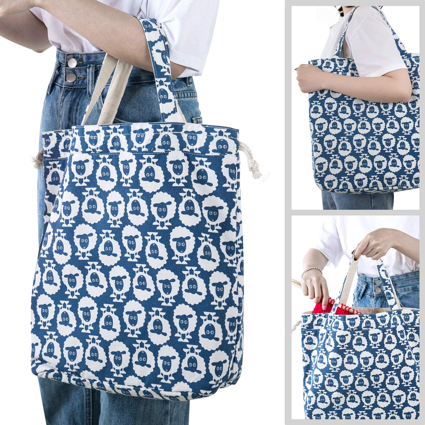 Teamoy Knitting Tote Bag with Drawstring Closure, Portable Yarn Storage Bag for Knitting Needles, Yarn Skein and Crochet Supplies, Sheep (Bag Only)