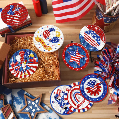 Shellwei 8 Pcs 4th of July Patriotic Diamond Painting Coasters Memorial Day USA Star Diamond Art Coasters with Holder 250th Anniversary Painting Kits Independence Day Decors for Adults DIY Craft Gift