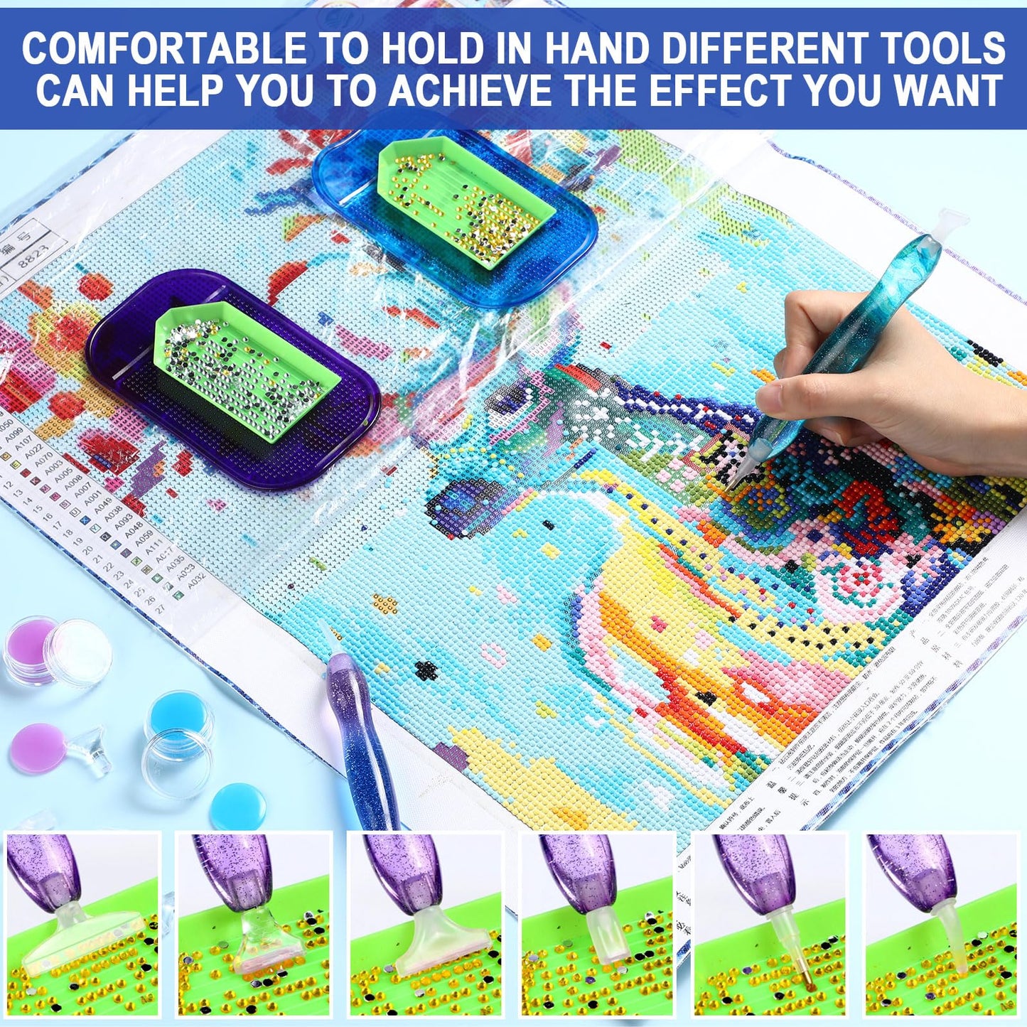 Outus 31 Pcs 5D DIY Diamond Tools Kit with Handmade Resin Painting Pens, Anti-Slip Mats, Plastic Diamond Trays, Clay Boxes, Drill Point Accessories for Adults DIY Craft(Sky Purple, Blue)