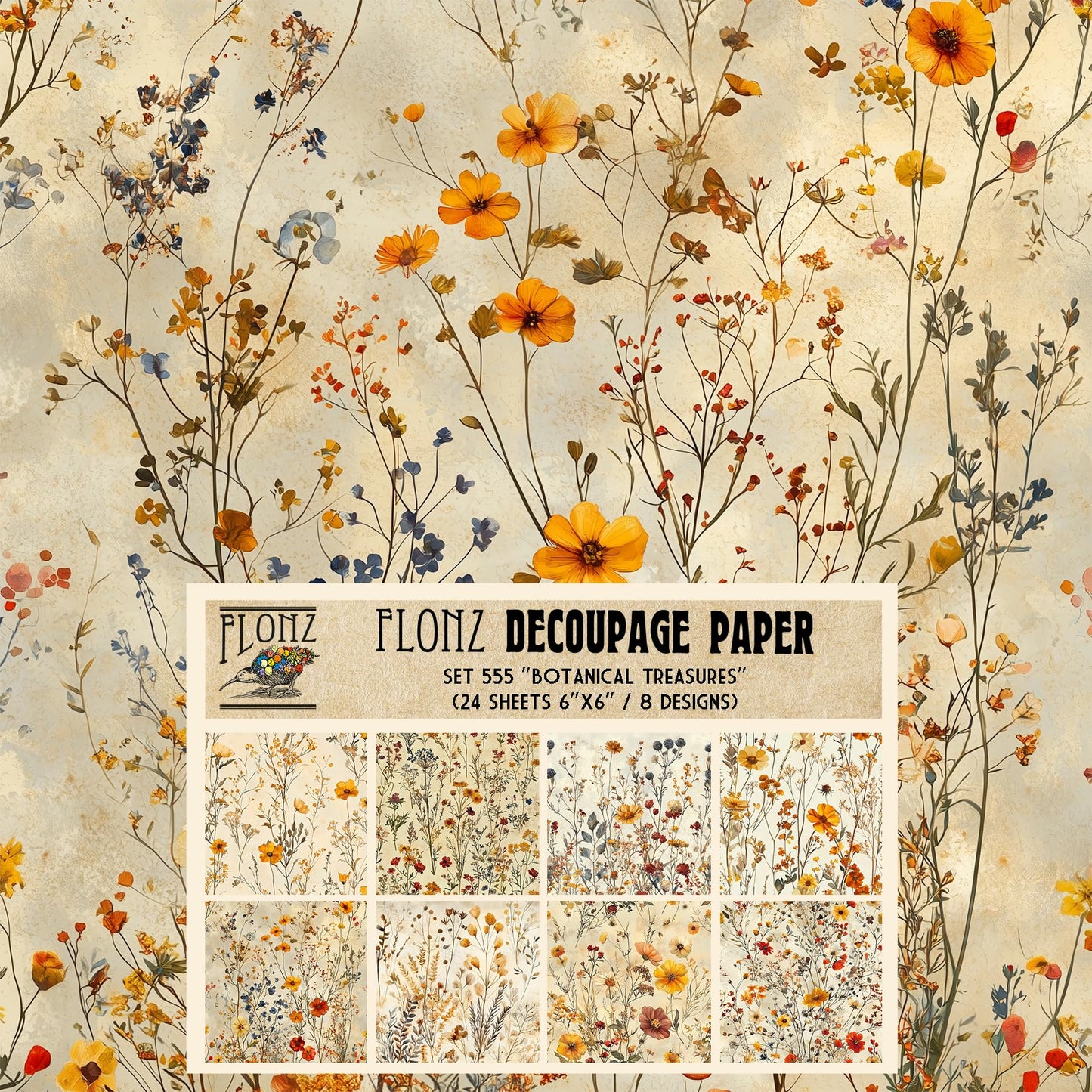 Decoupage Paper Pack (24 Sheets 6"x6") Botanical Treasures: Elegant Blooms for Rustic and Vintage-Inspired Craft Projects # Vintage Styled Paper for Craft and Scrapbooking