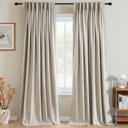H.VERSAILTEX Pinch Pleated Full Blackout Curtains Linen Blended Chenille Blackout Curtains 84 inch Length 2 Panels Bedroom Thermal Insulated Farmhouse Neutral Track Drapes with Hooks, Heather Natural