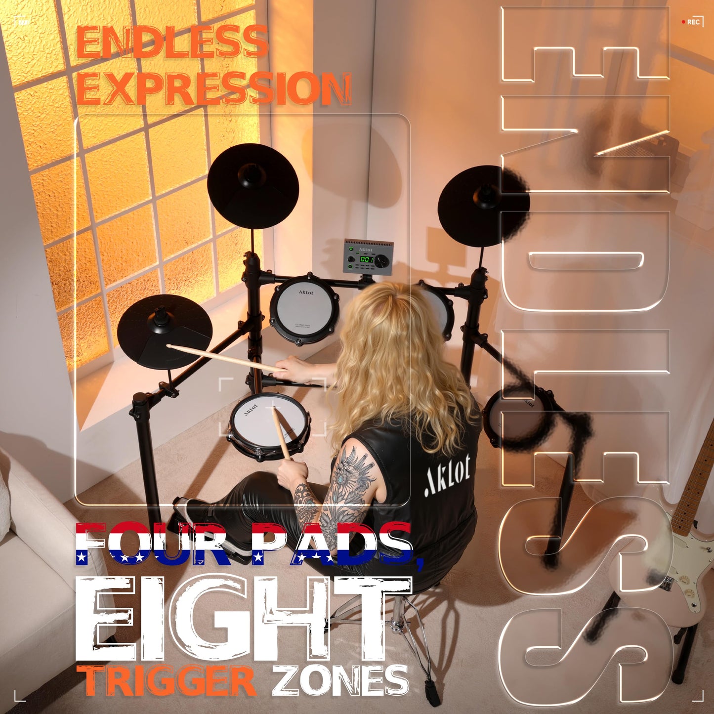 AKLOT Multi-Zone Electric Drum Set: 4 Dual-Trigger Quiet Mesh Drums, 360 Sounds, 10 User Kits, Cymbals with Choke, Electronic Drum Set with Throne, Headphones, Lesson Book for Beginner (B-CORE530Pro)