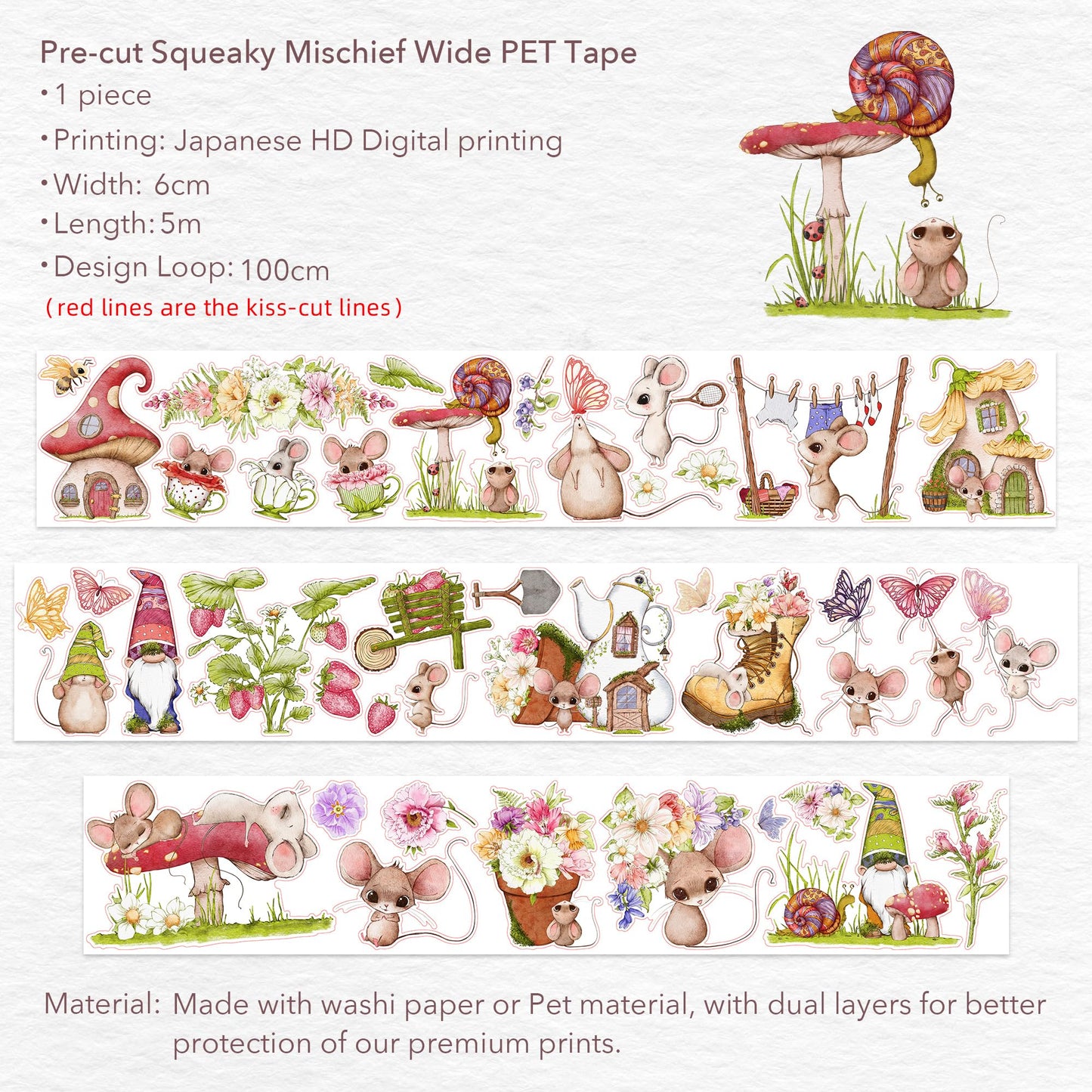 WT Pre-Cut Squeaky Mischief Wide PET Tape, 1 Roll, Original Playful Cartoon Mice & Whimsical Garden Designs, Transparent Clear Adhesive Tape for Scrapbooks, Junk Journals, Planners, DIY Crafts & Gifts