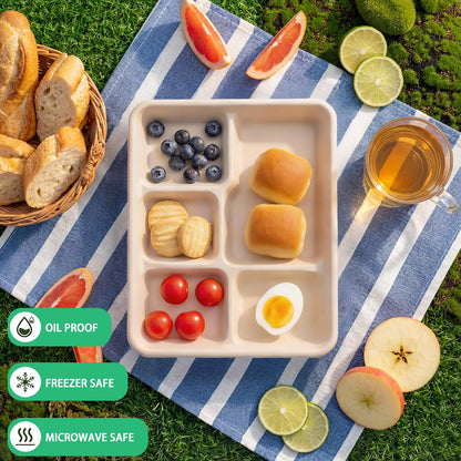 WELLIFE 125 Pack Kids Small 5-Compartment Paper Plates, 10.25x8.25 Inch 100% Compostable Divided Plates, Disposable School Lunch Trays, Eco-Friendly Bagasse Plate for Boys Girls and Youth (BPA Free)