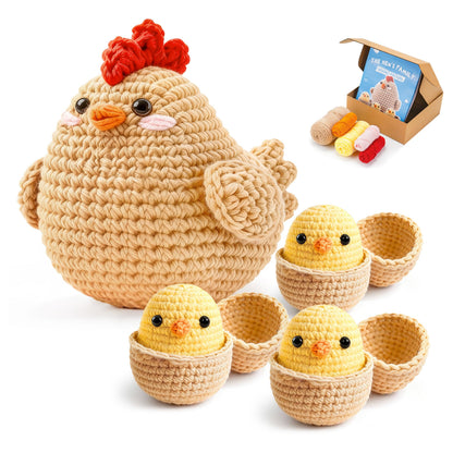 Joyclub Crochet Kit for Beginners 4 Pcs Chicken Family Amigurumi Crochet Starter Kits with Step-by-Step Video Tutorials DIY Craft Gift for Adults Kitting Lovers Mother Teacher Student