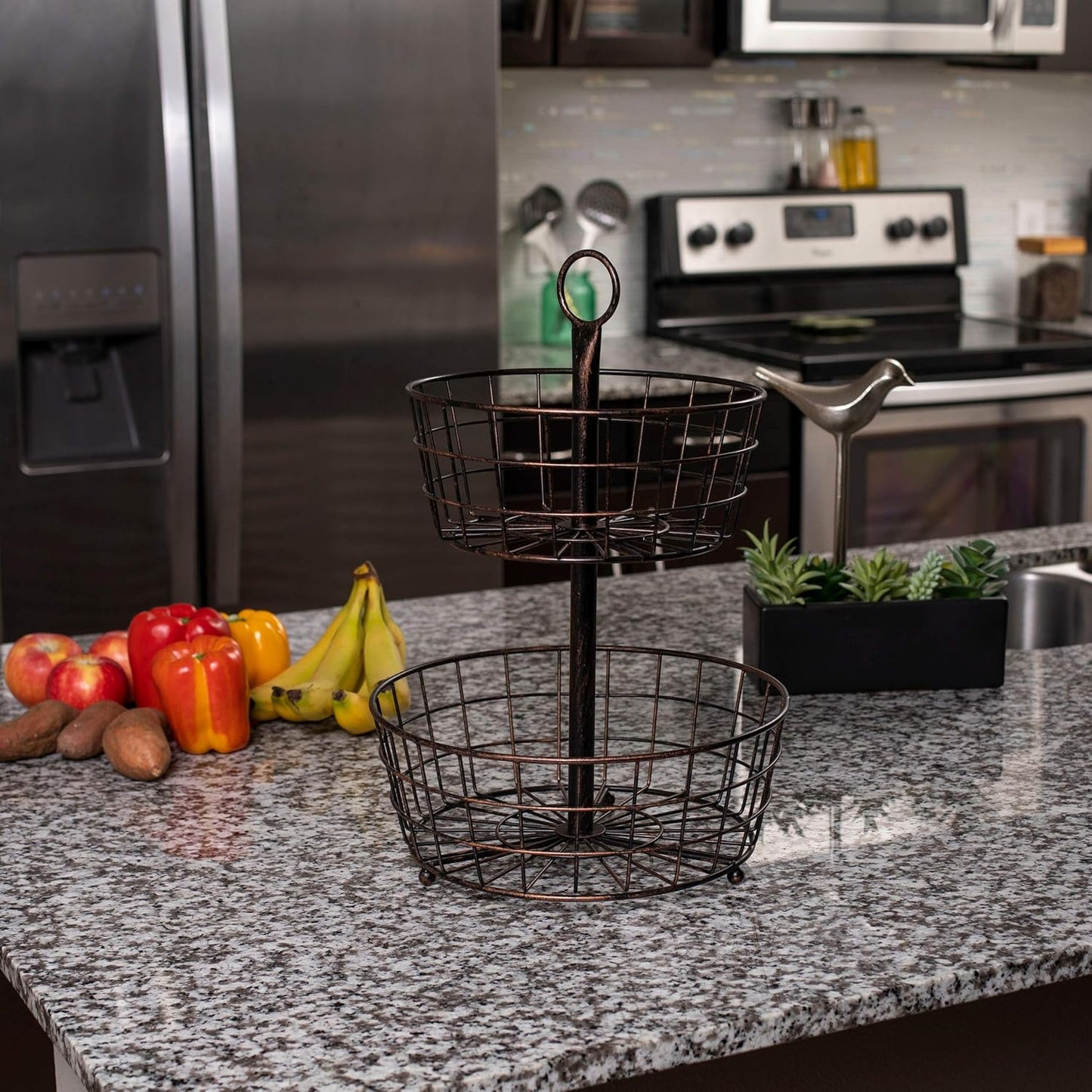 BIRDROCK HOME 2 Tier Wire Fruit Basket | Round Metal Standing Baskets | Freestanding Rustic Decorative Caddy
