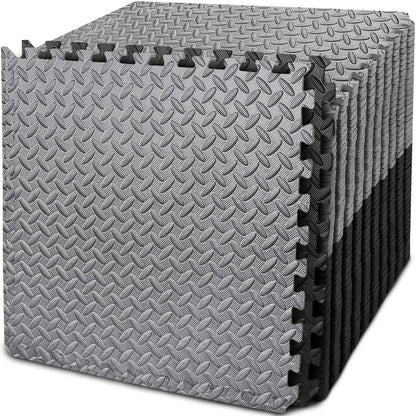BEAUTYOVO Puzzle Exercise Mat With 48 Tiles Interlocking Foam Gym Mats, 24'' x 24'' EVA Floor Tiles, Protective Flooring for Gym Equipment (192 Sq.Ft - Black&Grey)