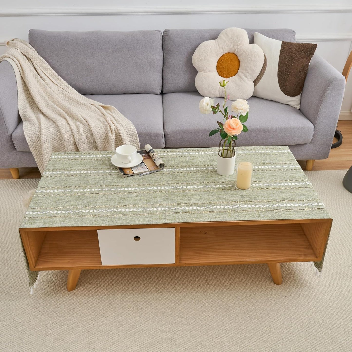 2060 Inches Rectangular Coffee Table Covers for Living Room Striped Embroidered Tablecloth Linen Coffee Table Cloth