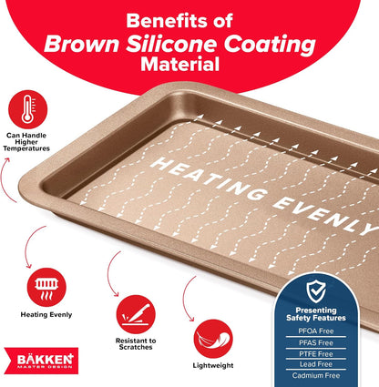 BAKKEN 3-Piece Nonstick Baking Pan Set - Small, Medium & Large Oven Safe Trays, Space-Saving Design, Brown