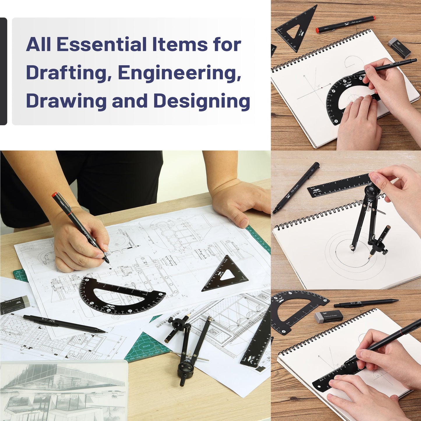 Mr. Pen- Professional Geometry Set, 15 pcs, Drafting Tools with Protractor, Compass, Metal Ruler, Triangles, Pens & Pencils, Complete Geometry & Drafting Kit for Architects, Engineers & Students