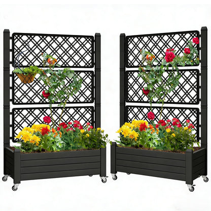 YITAHOME 43.3x17.7x61 in Planter Box with Trellis 2pcs Outdoor Resin Raised Garden Bed with Wheels & Drain Plug for Climbing Plants, Weather-Resistant Outdoor Privacy Screen, Black