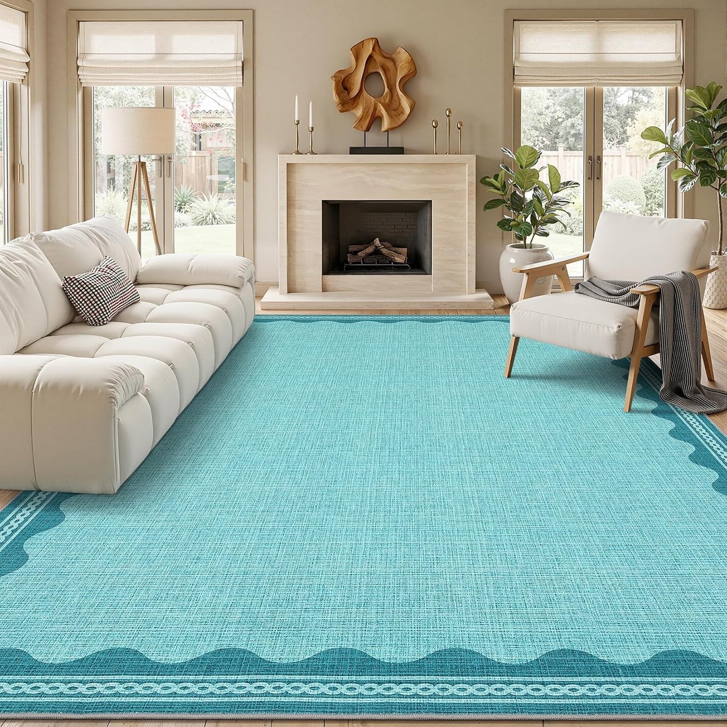 2.5x8 GarveeHome Scalloped Teal Runner Rug for Hallway Washable Kitchen Rugs Non Slip Solid Modern Soft Low-Pile Indoor