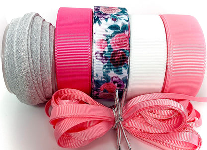 Pretty in Pink - 28 Yd Spring Bundle Pack. Includes 25 Yds of Premium Ribbon (5 Yds Each Style) Also 3 Yards Silver Metallic Elastic Bonus. Great for Hair Bows, Sewing & Crafting!