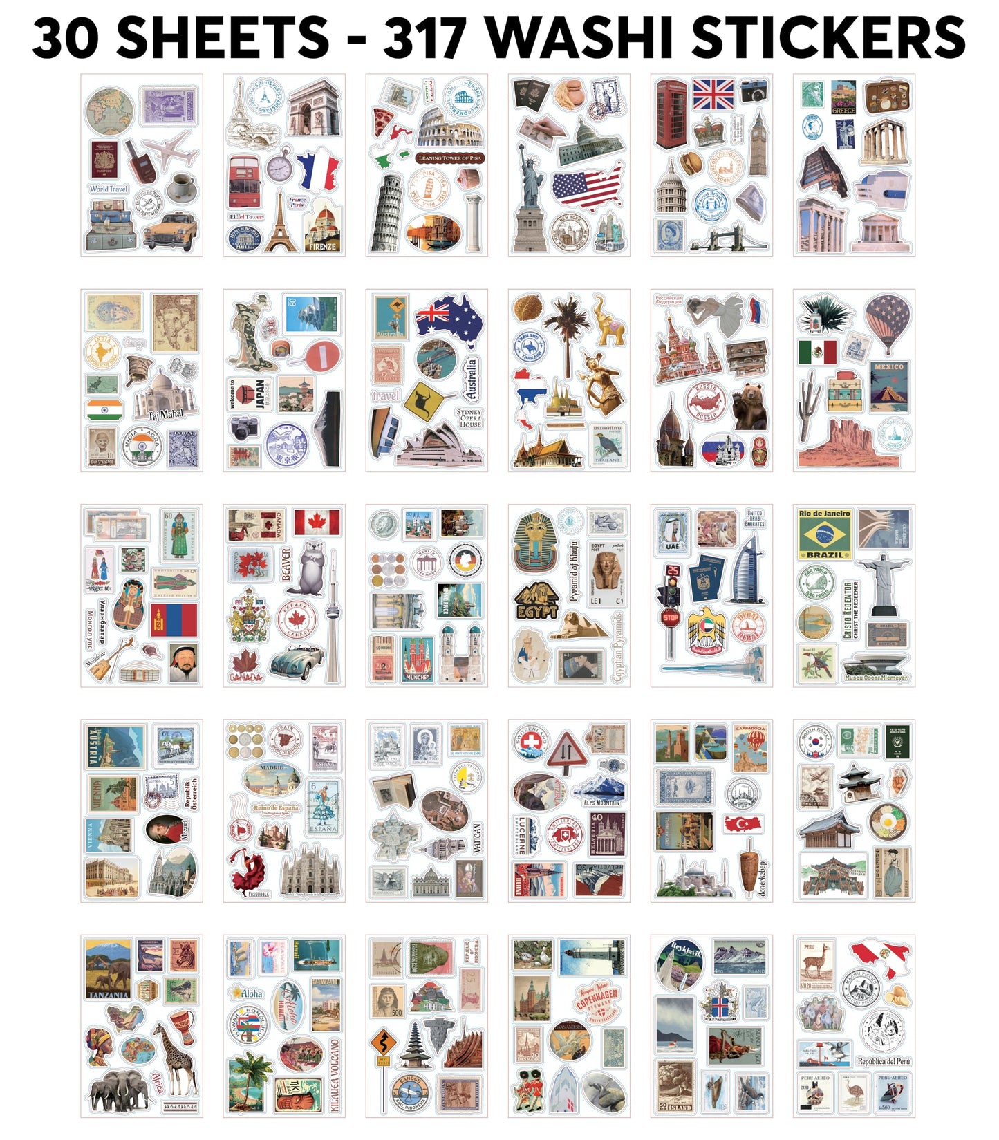 Fayware 300+ Travel Stickers for Scrapbooking & 20 A5 Papers - Pre-Cut Washi Stickers for Journaling, Vintage Travel Scrapbooking Supplies, Junk Journals Stickers