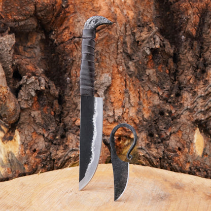 LEONA CRAFT® Viking Knife Set 10” Hand-Forged Carbon Steel Norse Knife with Leather Sheath – Outdoor Camping Hunting Carving Utility Knife, Celtic Design Survival & Hiking Cutting Tool