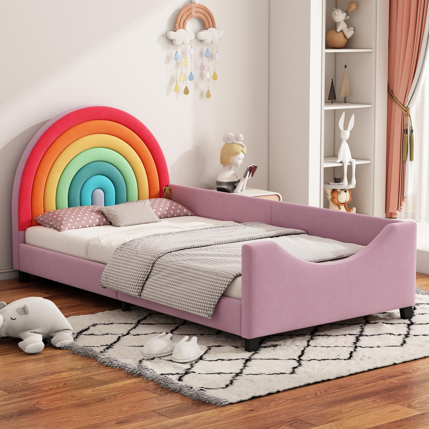 Merax Rainbow Design Velvet Upholstered Twin Daybed for Children's Room, Bedroom, Cute Style Metal Bed Frame with Solid Slats Support for Girls, Boys, Teens, No Box Spring Needed, Pink