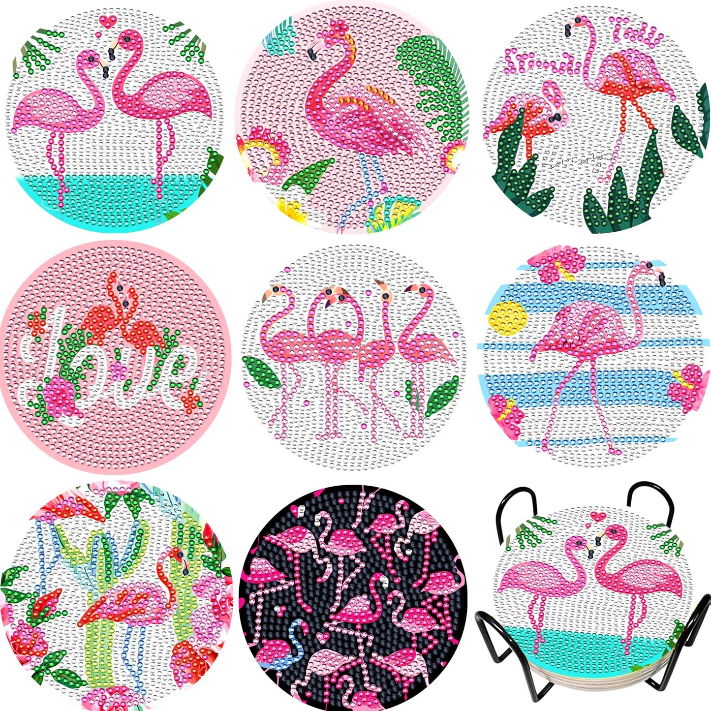JeCuiK 8 Pcs Flamingo Diamond Painting Coaster Kit DIY Diamond Art Coasters with Holder Diamond Coasters Diamond Art Painting Kits for Adults Beginner Art Crafts Supplies