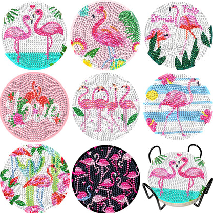 JeCuiK 8 Pcs Flamingo Diamond Painting Coaster Kit DIY Diamond Art Coasters with Holder Diamond Coasters Diamond Art Painting Kits for Adults Beginner Art Crafts Supplies