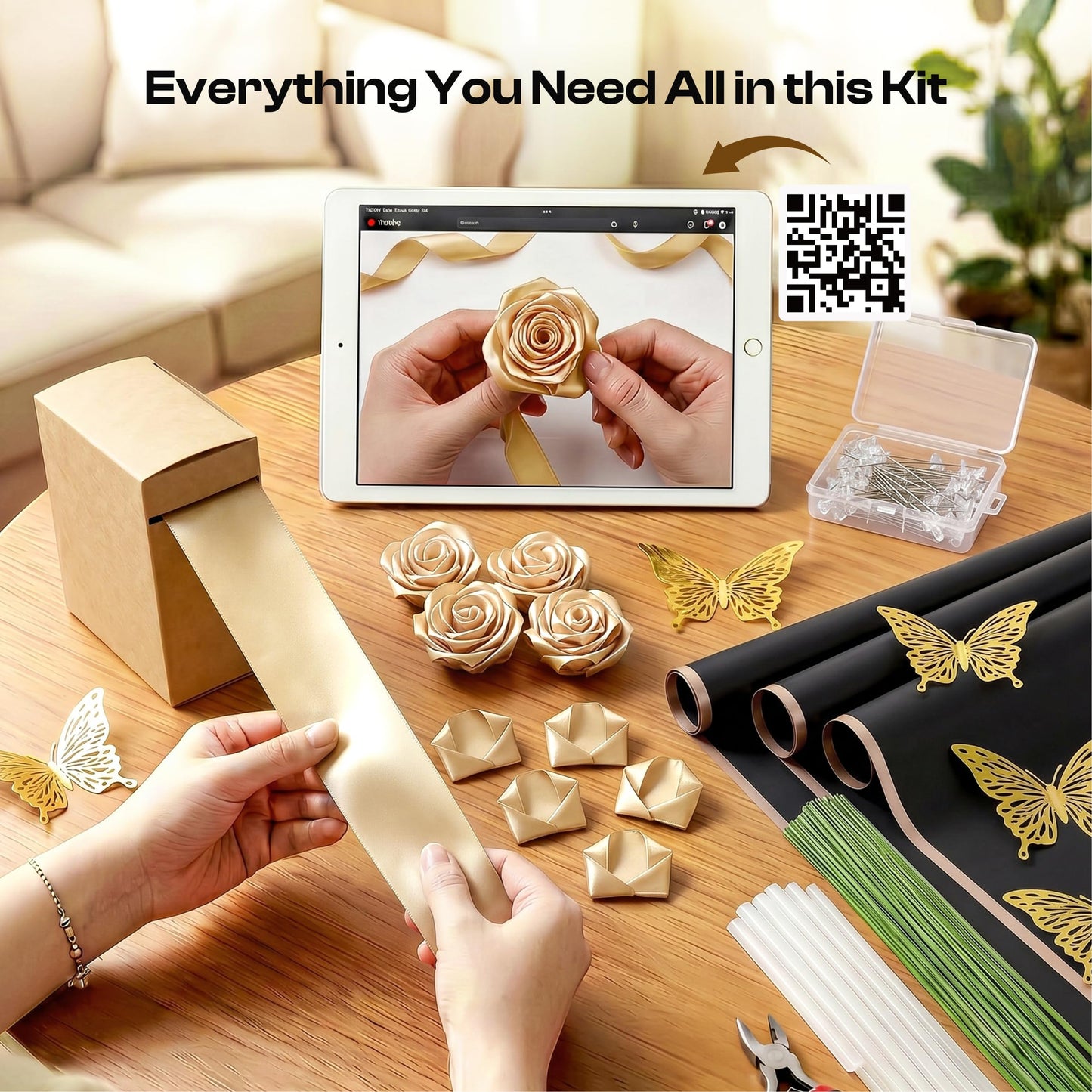 Caydo 1-1/2 Inch Satin Ribbon Flower Making Kit for Birthday Gifts, 50 Yards Champagne Gold Ribbon with Floral Stem Wire, Wrapping Paper, Glue Stick, 3D Butterfly and Diamond Pins
