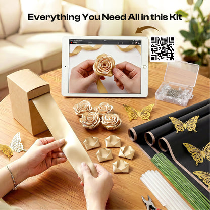 Caydo 1-1/2 Inch Satin Ribbon Flower Making Kit for Birthday Gifts, 50 Yards Champagne Gold Ribbon with Floral Stem Wire, Wrapping Paper, Glue Stick, 3D Butterfly and Diamond Pins