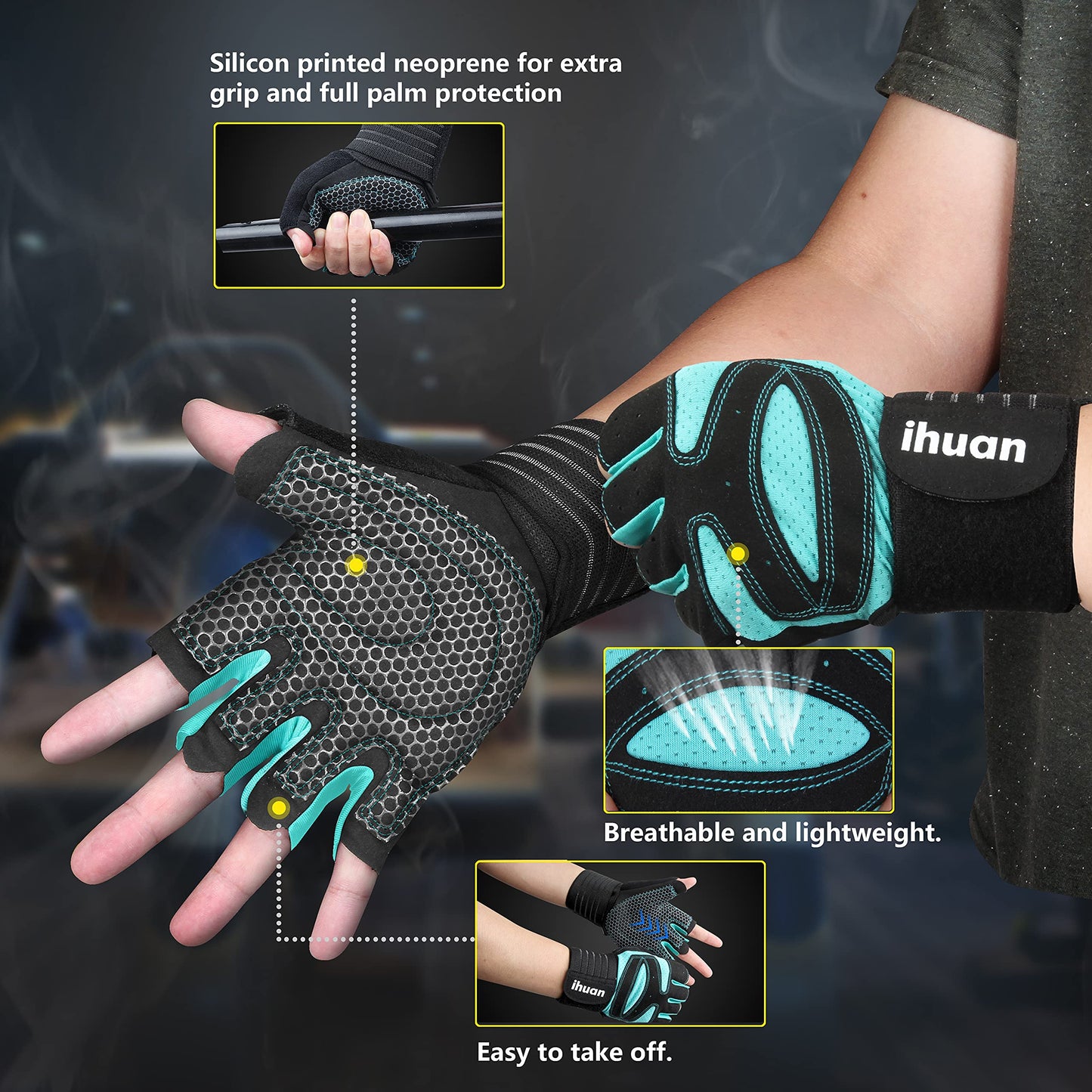 ihuan Ventilated Weight Lifting Gym Workout Gloves with Wrist Wrap Support for Men & Women, Full Palm Protection, for Weightlifting, Training, Fitness, Hanging, Pull ups