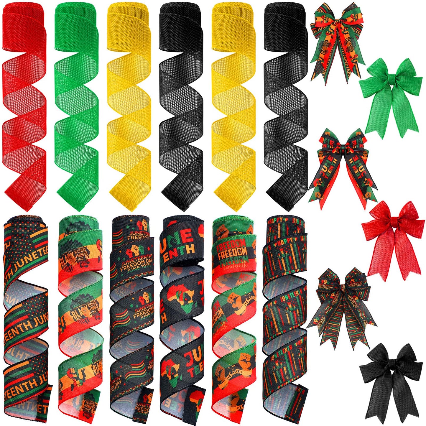 Vincreem 12 Rolls 60 Yards Juneteenth Ribbons Wired Edge Fabric Ribbons Craft Assortment Themed Juneteenth Freedom Day Pattern Wrapping Crafts for DIY Gift Hair Sewing Wreath, 12 Styles