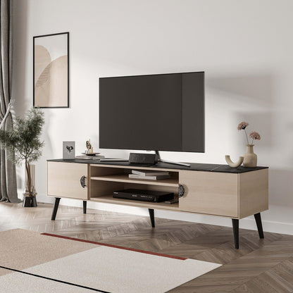 Manhattan Comfort Haley Mid Century Modern TV Stand for Televisions up to 55 Inches, Home Entertainment Center with Storage, Shelves, and Soft Close Doors, 70.9" Wide, White and Black Marble