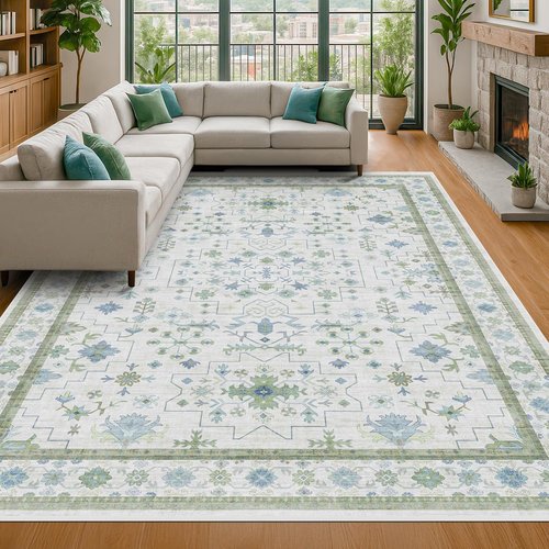 Green Area Rugs 9x12 by [Brand Name] - Washable Oriental Geometric Design | Extra Large Non-Slip Soft Faux Wool Carpet for Living Room, Bedroom, Dining Room
