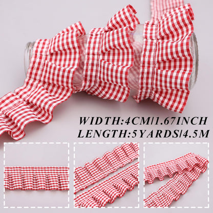 Gingham Ruffle Pleated Lace Trim 1.67" x5yd Gathered Gingham Ribbon Fabric Edge Trimming for Home Decor Merch (Red)