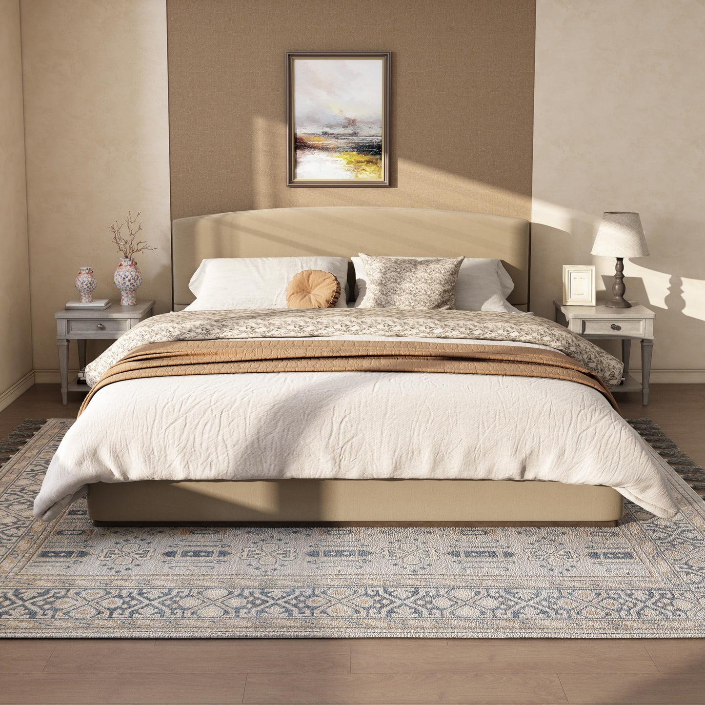 King Size Upholstered Bed Frame with Velvet Fabric Thick Headboard, Solid Wood Base, Camel