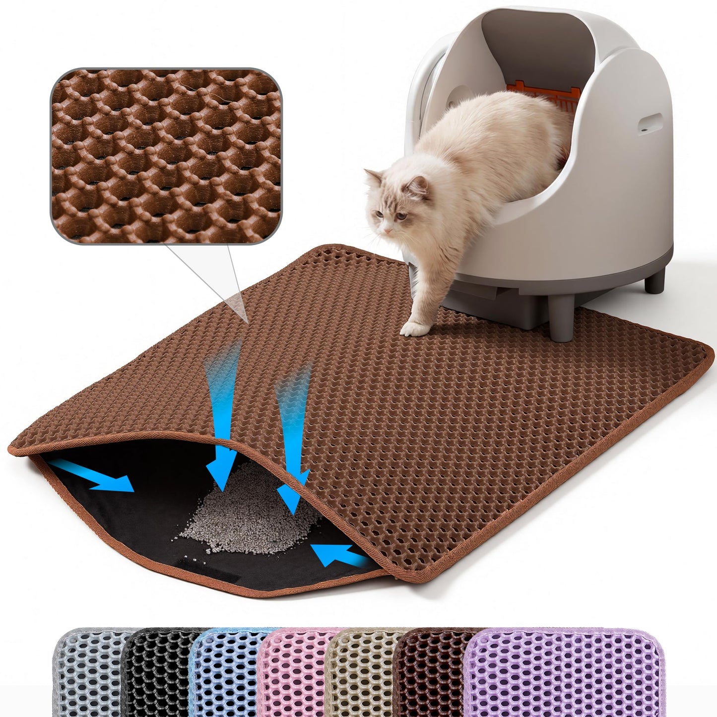 Petinstinct Jumbo Cat Litter Mat, 46x26 Inches Double Layer Honeycomb Litter Trapping Mat, Non Slip Waterproof Urine Proof Extra Large Cat Litter Box Mat, Kitten Supplies and Essentials, XXL, Brown