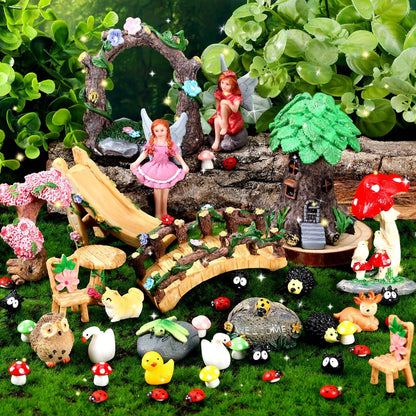 44 Pcs Fairy Garden Kit Miniature Fairy Garden House Accessories with Resin Elves Animal Plant Furniture Tiny Figurines Decor, Enchanted Spring Micro Landscape Ornaments for DIY Dollhouse Terrarium