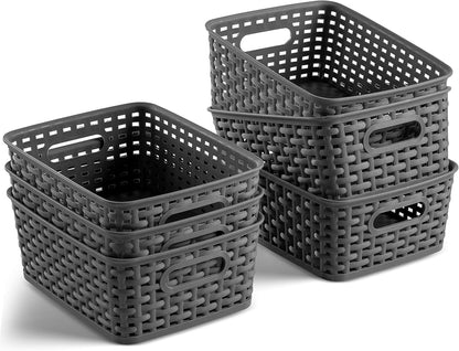 Set of 6 Plastic Storage Baskets - Small Pantry Organizer Bins with Cutout Handles for Kitchen and Home Organization
