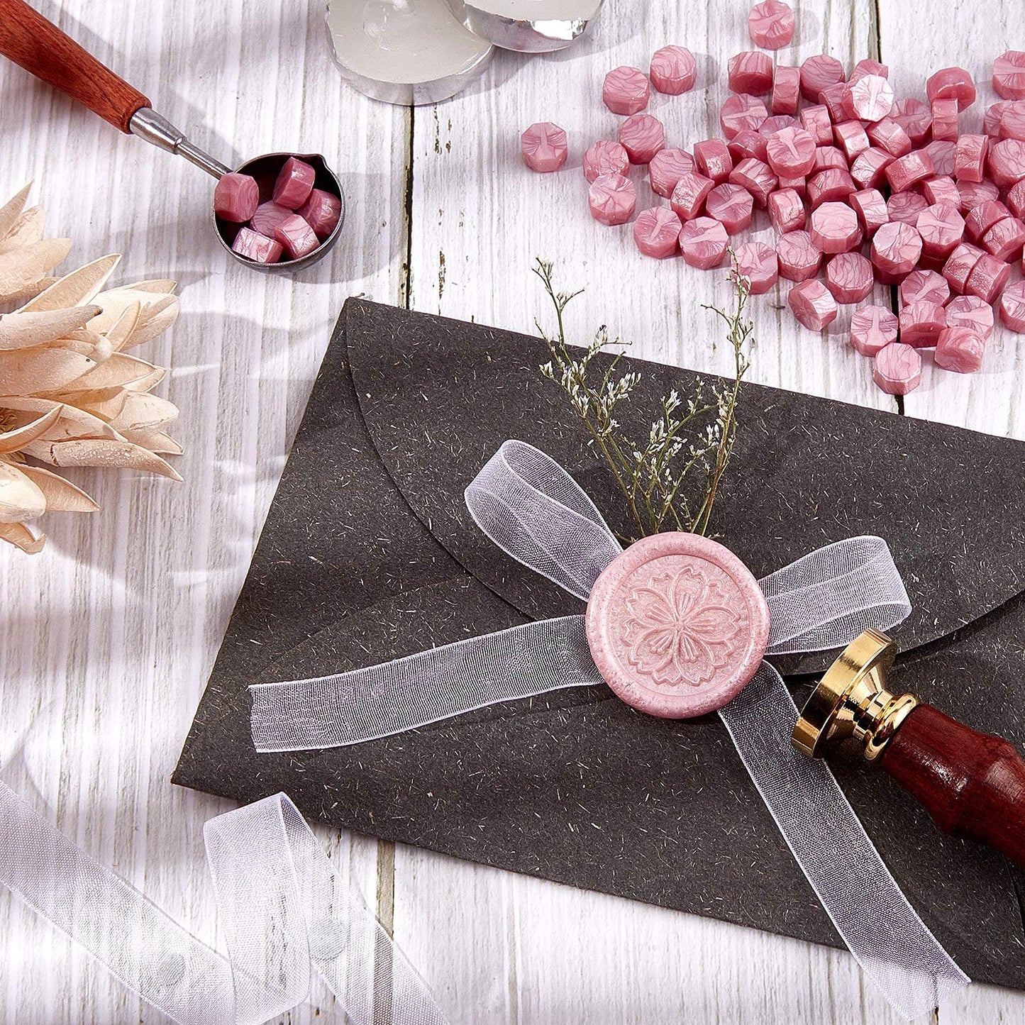 CRASPIRE Cherry Flower Wax Seal Stamp Set + 200pcs Pink Sealing Wax Beads + Melting Spoon + 3pcs Candles for Wedding Invitations Envelops Cards Gift Letter Wrapping Wine Packages