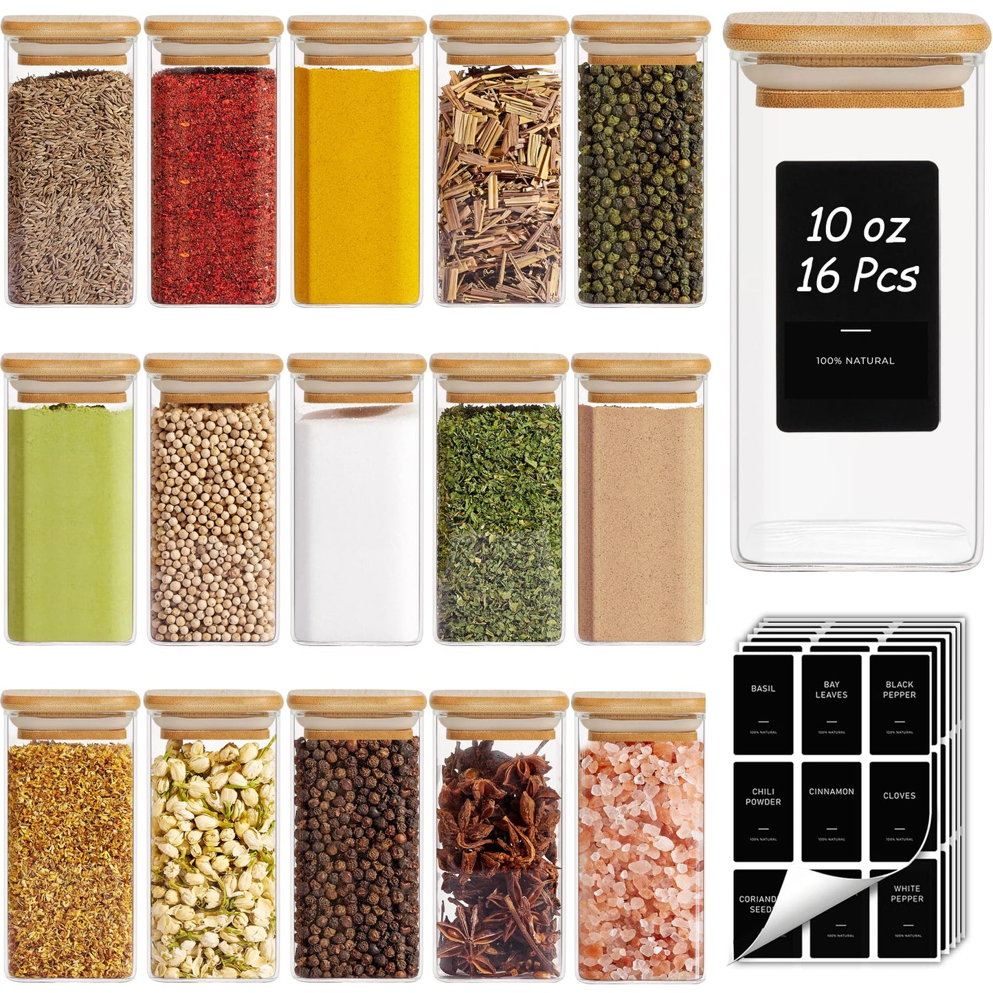 ComSaf 16Pcs Spice Jars with Labels, Glass Jar witj Bamboo Lid, 10oz Airtight Square Containers with Black Lables, Empty Seasoning Jars for Spice, Salt, Pepper, Sugar