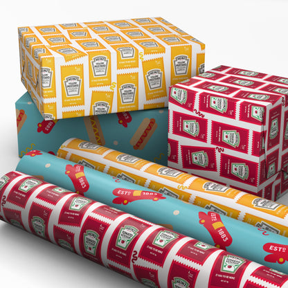Hallmark Heinz Wrapping Paper Mini Rolls, 3-Pack (Ketchup, Mustard, Hotdogs, Wienermobile) for Birthdays, Graduations, Father's Day, Celebrations, Any Occasion - 45 Sq. Ft. Total