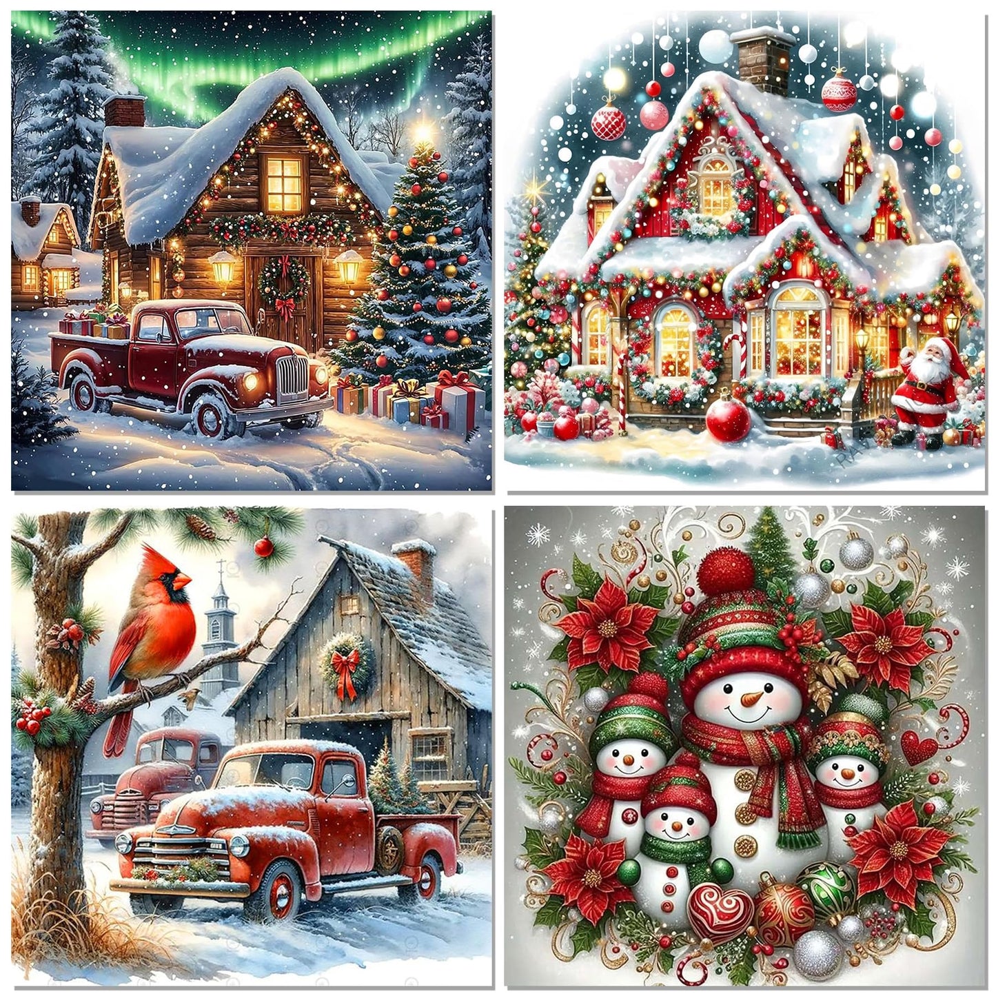 croshom Christmas Diamond Art Kits for Adults - 4 Pack Diamond Painting Kits for Adults, 5D Full Round Drill Art Paint by Diamonds DIY Crafts Kits 14x14in (Snowman Truck Christmas House Cardinal)